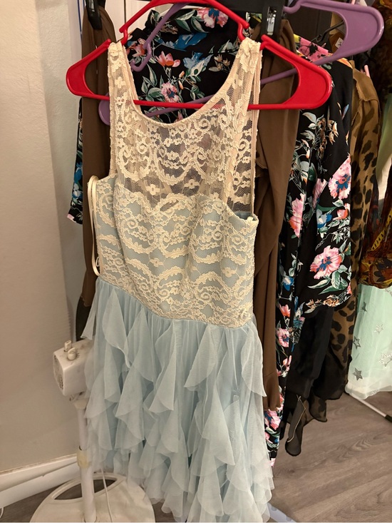 Teeze Me Dresses & Skirts - Teeze Me Lace Overlay Dress in Ivory and Light Blue